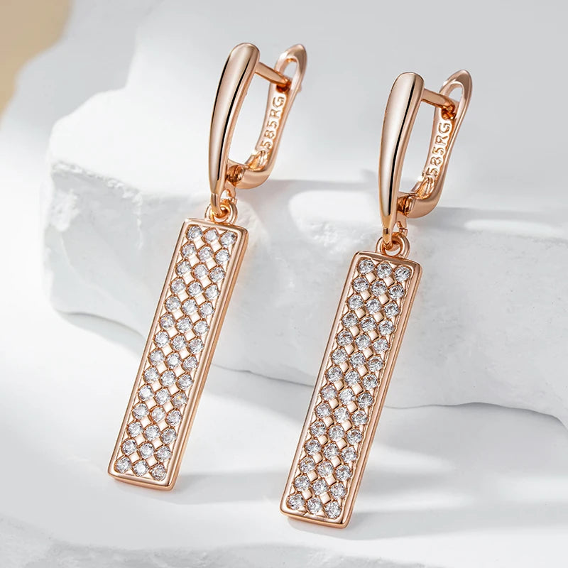 Kienl Hot Full Natural Zircon Long Square Earring for Women Fashion 585 Rose Gold Color High Quality Daily Party Fine Jewelry