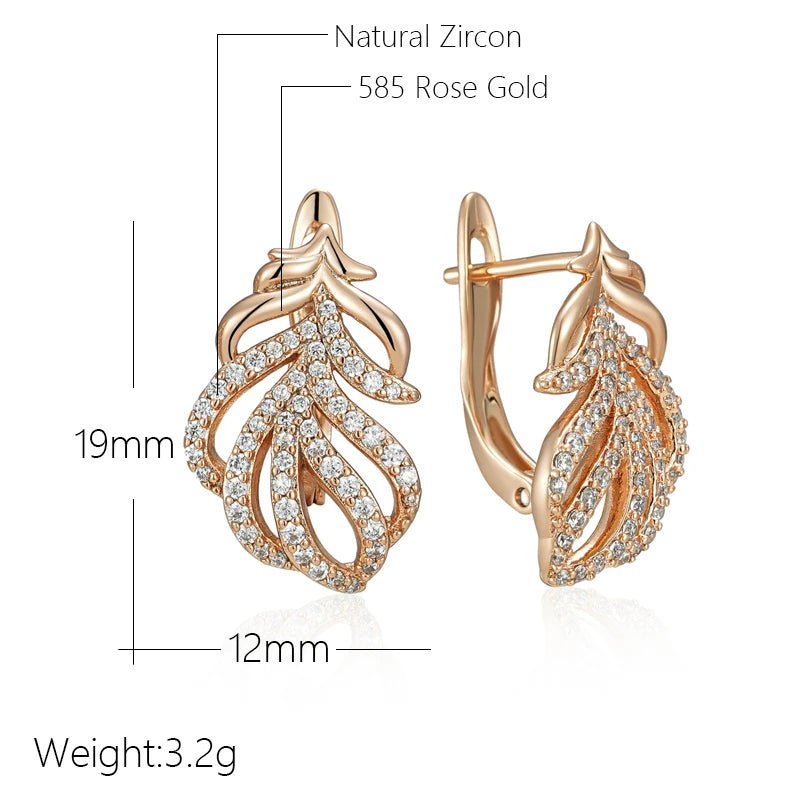 Wbmqda Luxury Feather Shape Drop Earrings For Women 585 Rose Gold Color Full Zircon Setting Sparkling Wedding Party Fine Jewelry