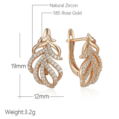 Wbmqda Luxury Feather Shape Drop Earrings For Women 585 Rose Gold Color Full Zircon Setting Sparkling Wedding Party Fine Jewelry