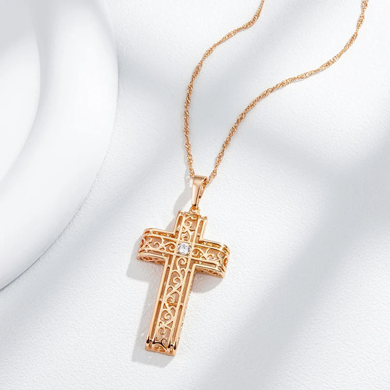 Wbmqda 585 Rose Gold Color Glossy Hollow Cross Pendant Necklace For Women With White Natual Zircon Fashion Jewelry Accessories