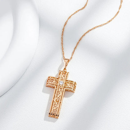 Wbmqda 585 Rose Gold Color Glossy Hollow Cross Pendant Necklace For Women With White Natual Zircon Fashion Jewelry Accessories