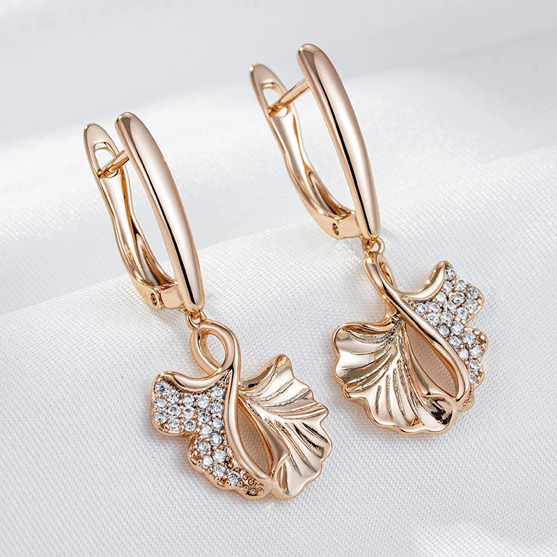 Wbmqda Unique Leaf Shape Long Drop Earrings For Women 585 Rose Gold Color With Natural Zircon Fashion Daily Jewelrry