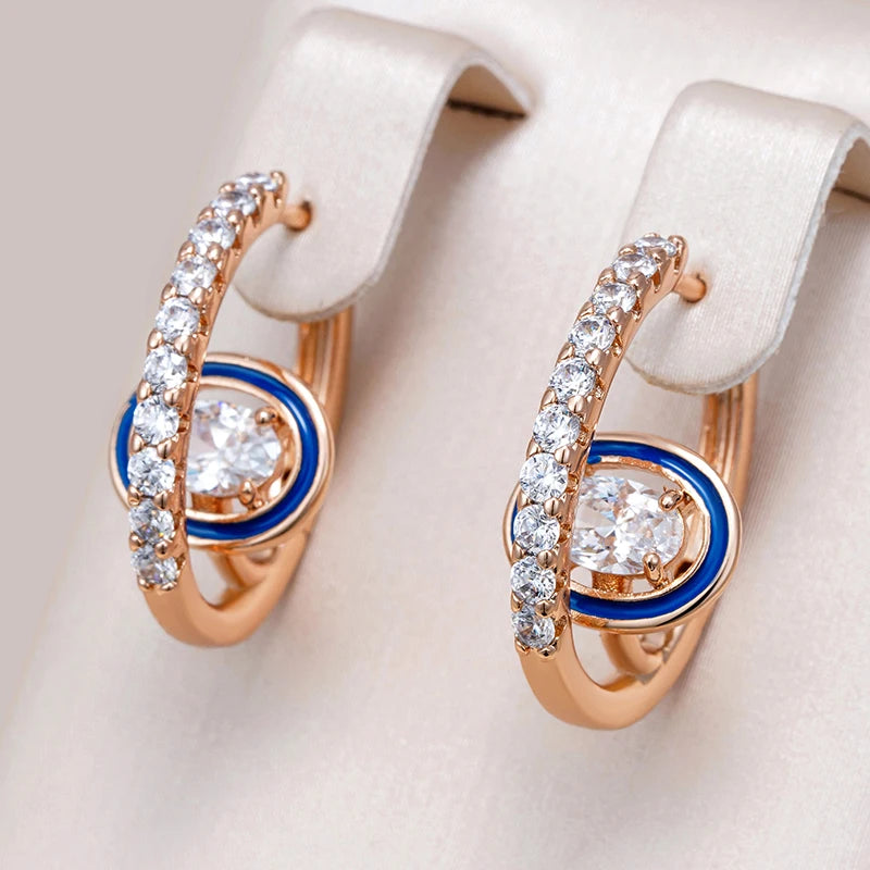 Wbmqda Unique Blue Enamel Hoop Earrings For Women 585 Rose Gold Color With White Natural Zircon Fashion Daily Party Fine Jewelry