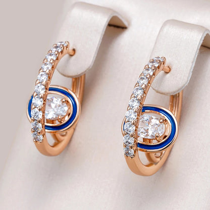 Wbmqda Unique Blue Enamel Hoop Earrings For Women 585 Rose Gold Color With White Natural Zircon Fashion Daily Party Fine Jewelry