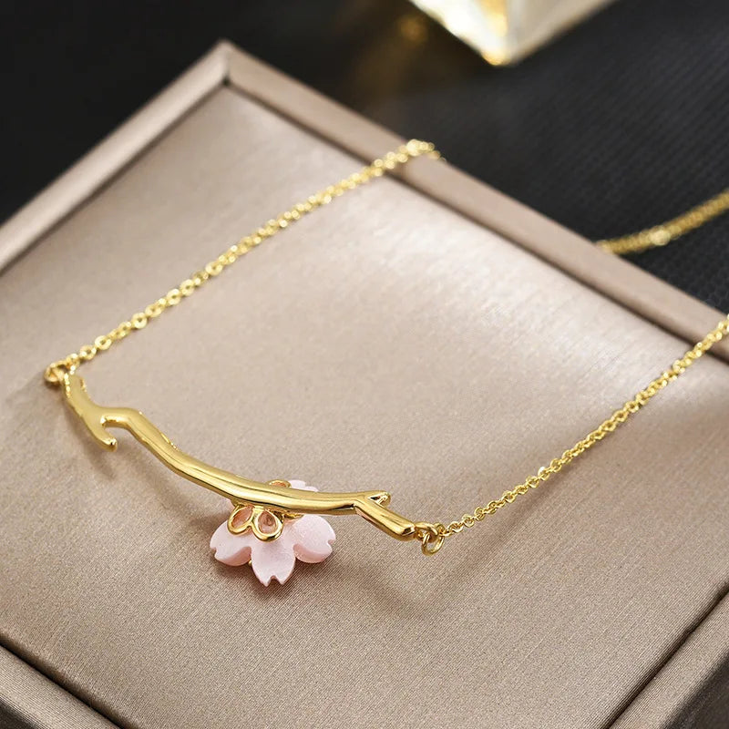 2023 New Pink Cherry Blossom Necklace For Women's Fashion Niche Minimalist Design Branch Flower Collar Chain Accessories