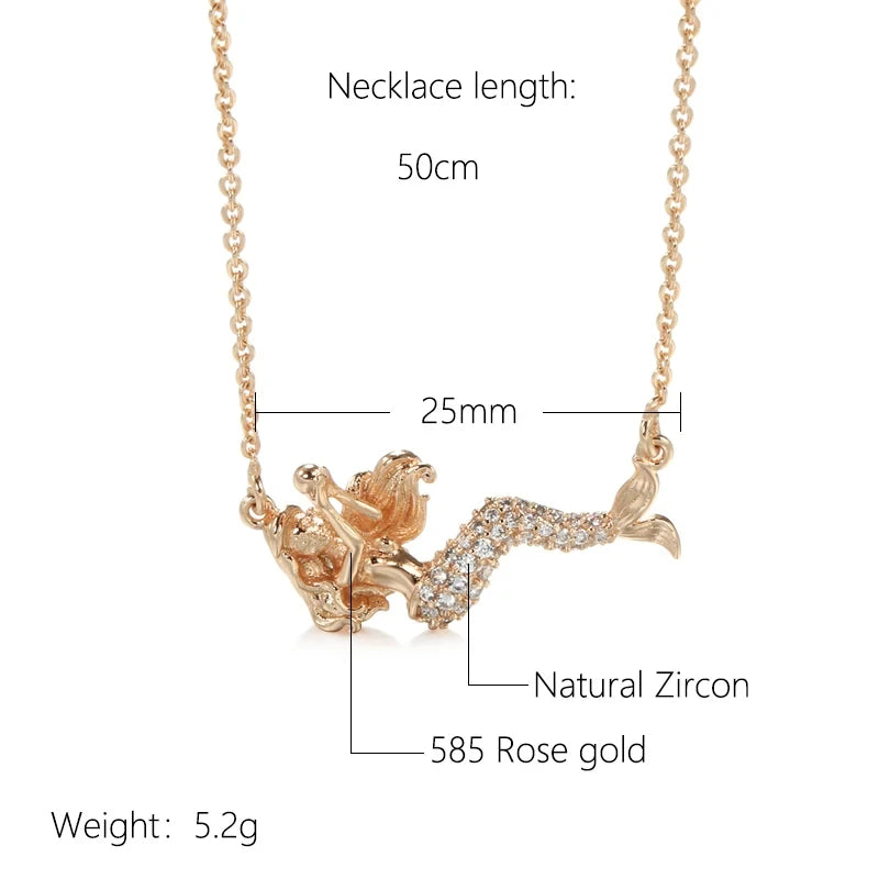 Kinel Exquisite 585 Rose Gold Color Mermaid Pendant Necklaces For Women Shiny Natural Zircon Accessories Daily Fine Jewelry