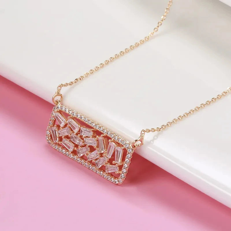 Wbmqda Luxury Square Hollow Pendant And Necklace For Women 585 Rose Gold Color Full Zircon Setting Wedding Party Fashion Jewelry