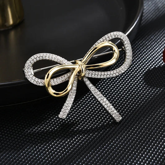 SUYU Double-Layer Two-Color Bow Brooch Simple Copper Micro Inlaid Corsage Clothing Pin