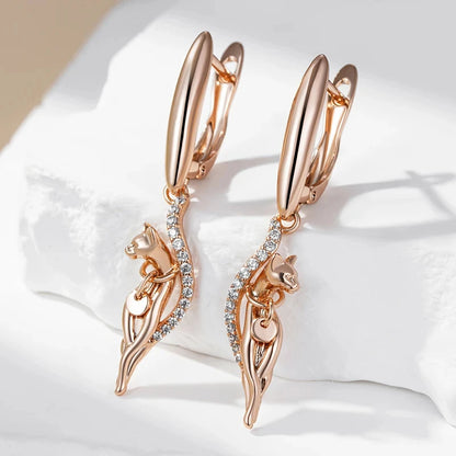 Wbmqda Unique Cat Shape Drop Earrings For Women 585 Rose Gold Color With White Natural Zircon Fashion Animal Jewelry Accessories