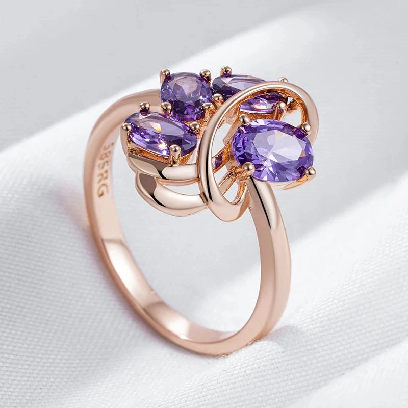 Wbmqda Purple Crystal Stone Flower Shape Ring For Women 585 Rose Gold Color Luxury Lilac Natural Zircon Jewelry Accessories