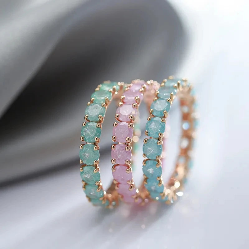 Wbmqda 585 Rose Gold Color Oval Multicolor Stone Ring For Women Pink/Blue/Green Natural Zircon Setting Luxury Fashion Jewelry