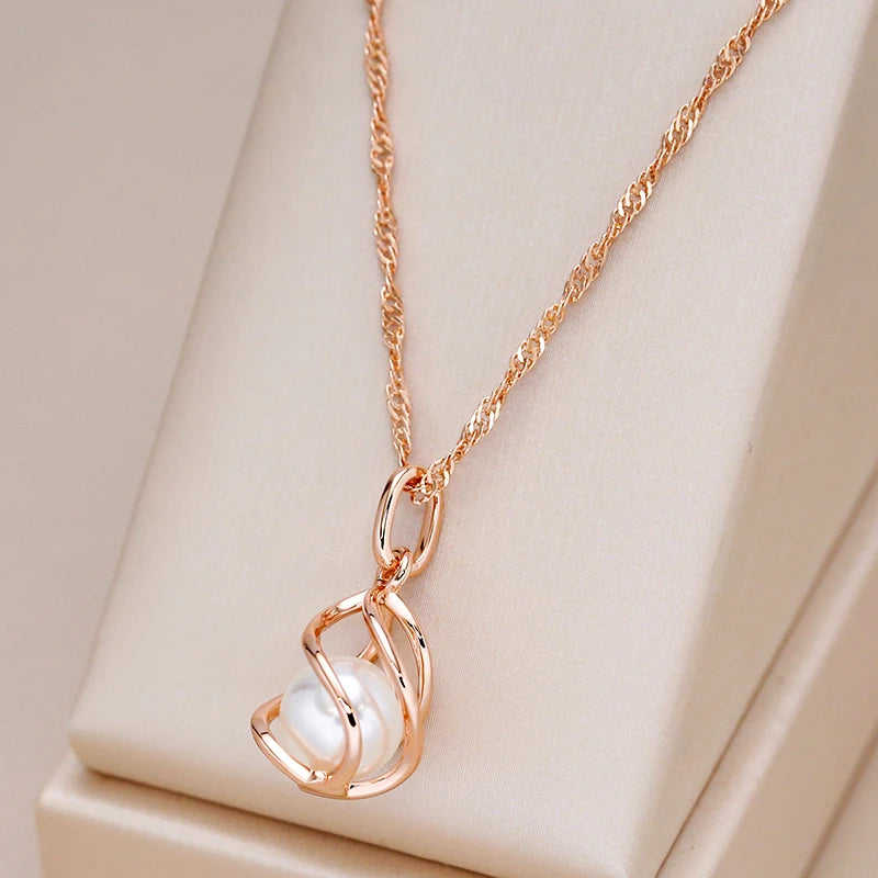 Kinel Luxury 585 Rose Gold Pendant Necklace for Women Unique Geometric Hollow Pearl Bridal Wedding Jewelry Daily Wear Gift