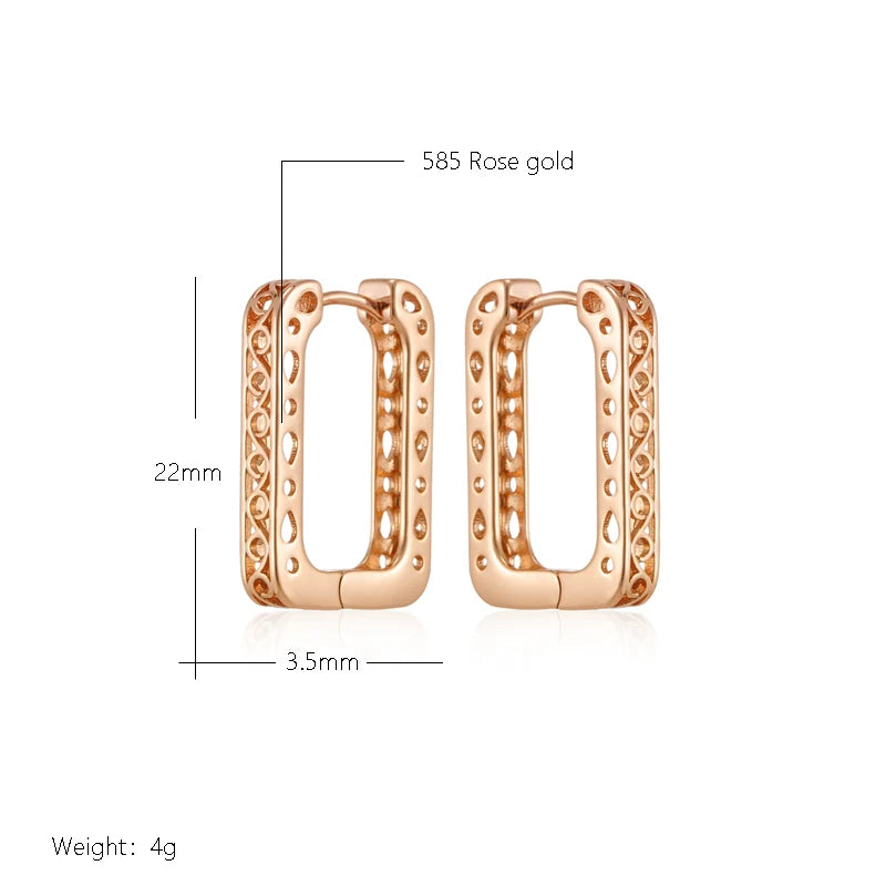 Wbmqda New Fashion Design 585 Rose Gold Color Square Hollow Hoop Earrings For Women Exquisite Grain Engraving Daily Fine Jewelry