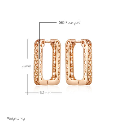 Wbmqda New Fashion Design 585 Rose Gold Color Square Hollow Hoop Earrings For Women Exquisite Grain Engraving Daily Fine Jewelry