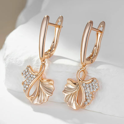 Wbmqda Unique Leaf Shape Long Drop Earrings For Women 585 Rose Gold Color With Natural Zircon Fashion Daily Jewelrry