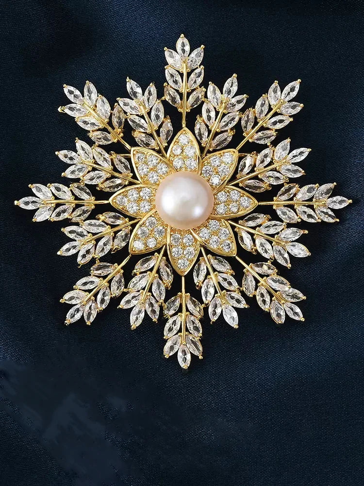 SUYU Imitation Pearl Snowflake Brooch Women Shiny Elegant Brooch Temperament Scarf Button Suit Pin