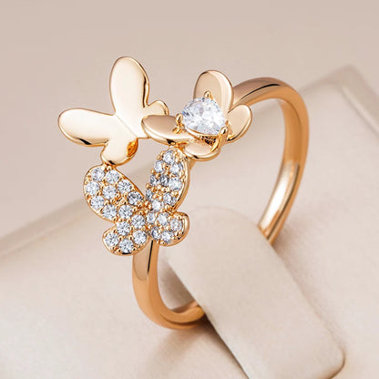 Wbmqda Unique Butterfly Rings For Women 585 Rose Gold Color With White Natural Zircon Fashion Korean Jewelry 2023 Trending