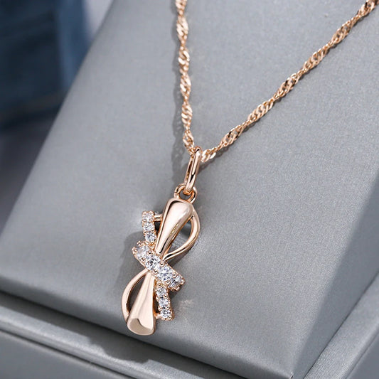 Wbmqda Cute Bowknot Pendant And Necklace For Women Girls 585 Rose Gold Color With Natural Zircon Trendy Jewelry Gifts