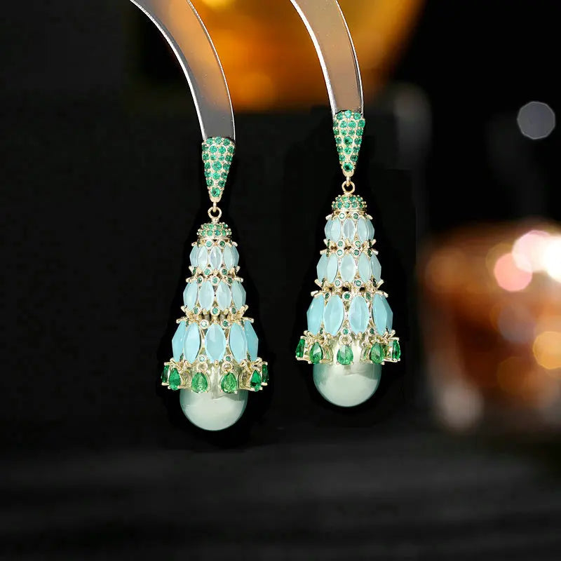 Fashionable Temperament Earrings Female Water Droplets Simulated Pearls Cubic Zirconia Exaggerated Atmosphere Earrings