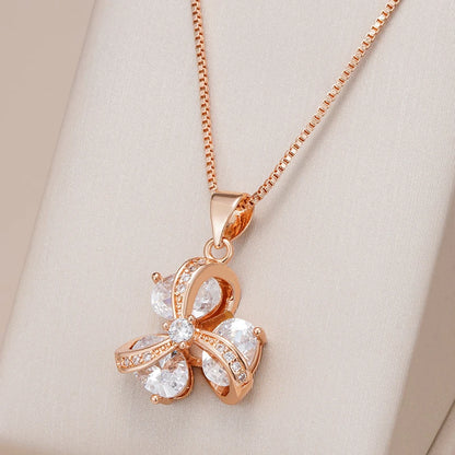 Kinel Hot Crystal Flower Pendant Necklace For Women 585 Rose Gold Color Natural Zircon Accessories Daily Fine Ethnic Jewelry