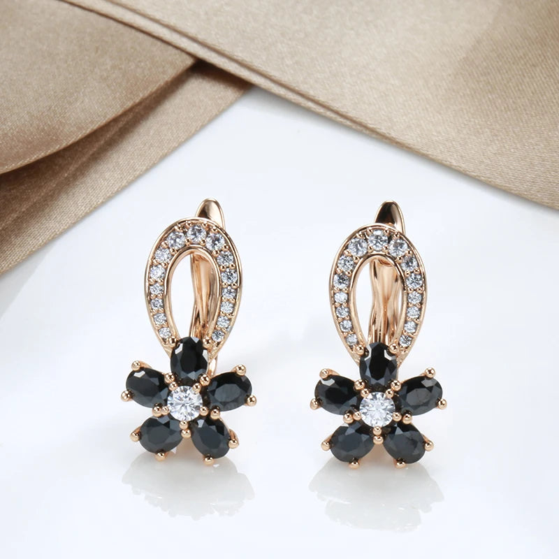 Wbmqda Luxury Black Crystal Flower Pendant 585 Rose Gold Color Natural Zircon Drop Earrings For Women Wedding Party Fine Jewelry