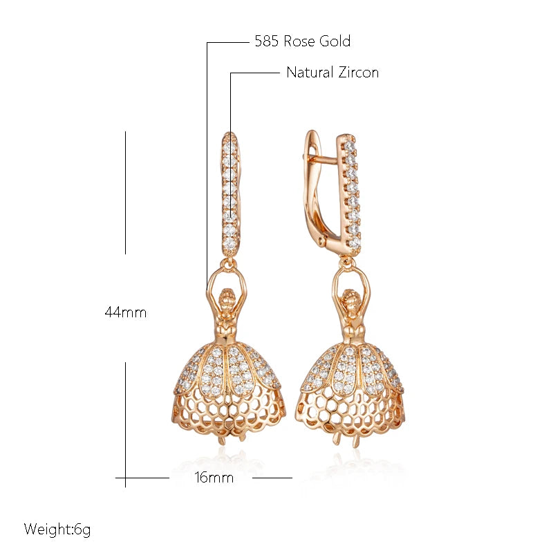 Wbmqda New Fashion Design Ballerina Zircon Pendant Earrings For Women 585 Rose Gold Color Luxury Trendy Jewelry Accessories