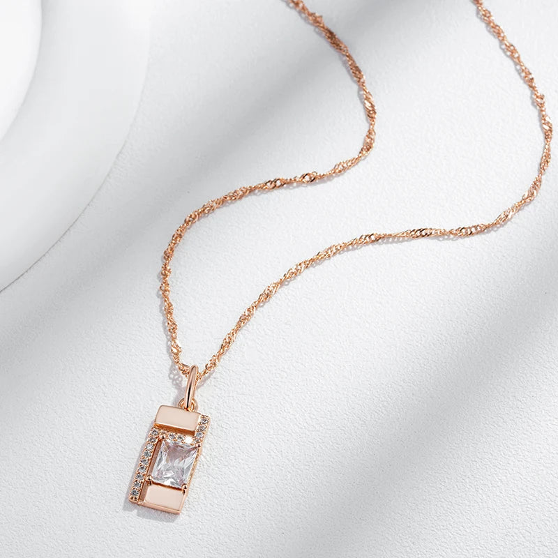 Kinel Classic Square Pendant Necklace For Women 585 Rose Gold Color With Natural Zircon Accessories Simple Pendant Daily Jewelry