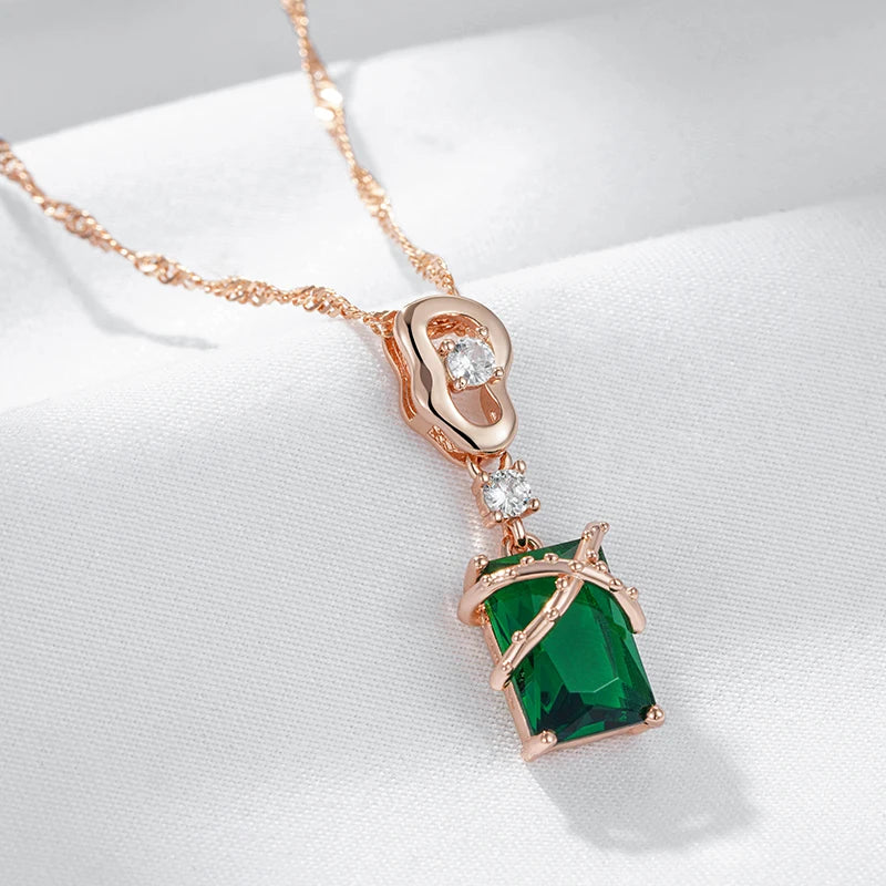 Kinel Luxury Square Green Natural Zircon Pendant Necklace For Women 585 Rose Gold Color Pendant Daily Easy Matching Fine Jewelry