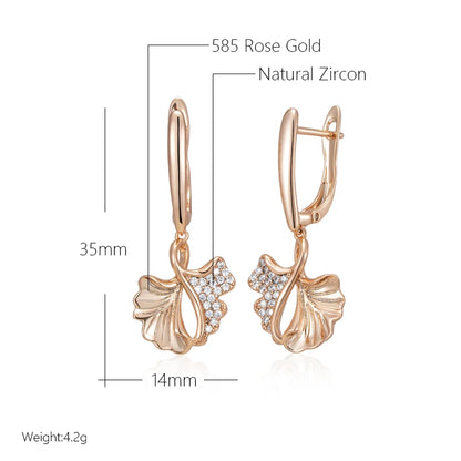 Wbmqda Unique Leaf Shape Long Drop Earrings For Women 585 Rose Gold Color With Natural Zircon Fashion Daily Jewelrry