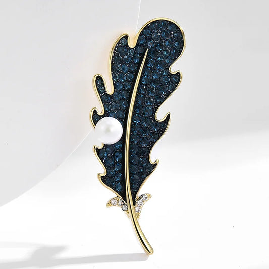 SUYU Simple And Atmospheric Simulation Pearl Black Feather Brooch Copper Plated Leaf Brooch Pin