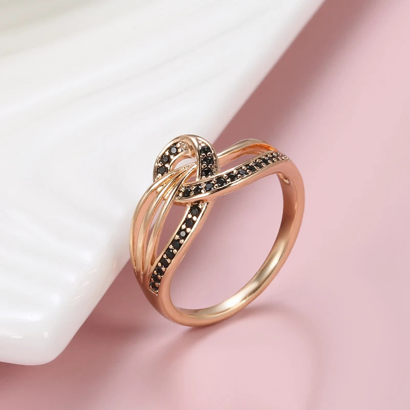 Wbmqda Fashion Black Natural Zircon Ring For Women 585 Rose Gold Color Geometric Line Cross Design Classic Wedding Party Jewelry