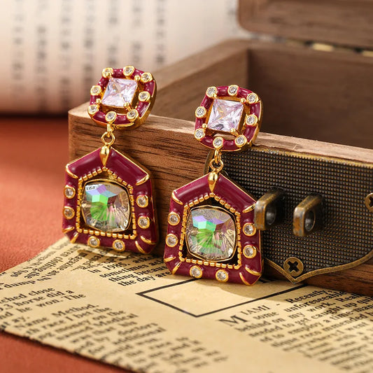 SUYU Spring New 2024 Retro Earrings Women's Light Luxury Palace Style Long Zircon Inlaid Earrings Banquet Daily Accessories