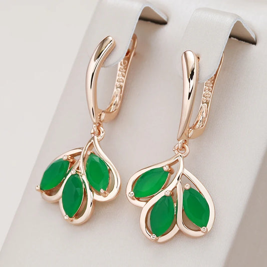 Kienl New 585 Rose Gold Color Long Drop Earrings Green Natural Zircon Flower Vintage Earring Women High Quality Daily Jewelry