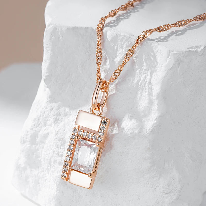 Kinel Classic Square Pendant Necklace For Women 585 Rose Gold Color With Natural Zircon Accessories Simple Pendant Daily Jewelry