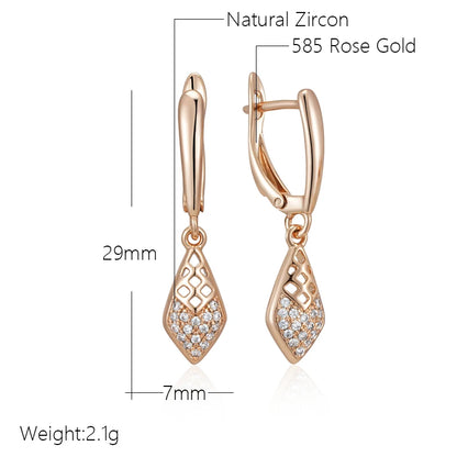 Wbmqda Fashion Hollow Lozenge Drop Earrings For Women 585 Rose Gold Color With White Natural Zircon Wedding Party Fine Jewelry