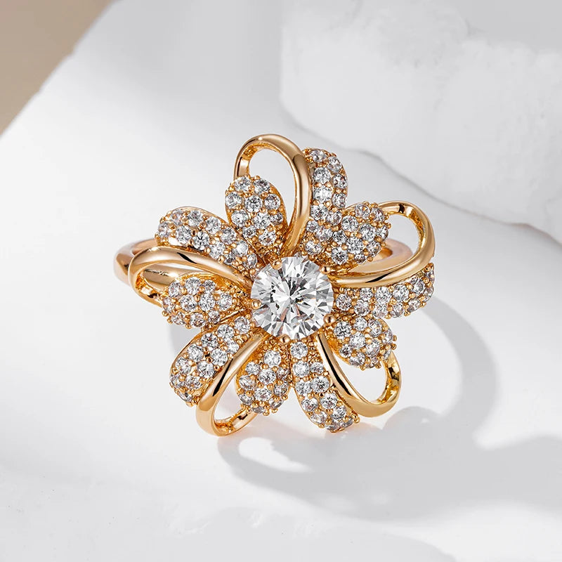 Wbmqda Luxury Crystal Flower Ring For Women 585 Rose Gold Color Natural Zircon Setting Ethnic Wedding Engagement Fine Jewelry