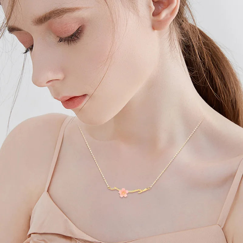 2023 New Pink Cherry Blossom Necklace For Women's Fashion Niche Minimalist Design Branch Flower Collar Chain Accessories