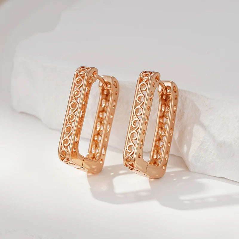 Wbmqda New Fashion Design 585 Rose Gold Color Square Hollow Hoop Earrings For Women Exquisite Grain Engraving Daily Fine Jewelry