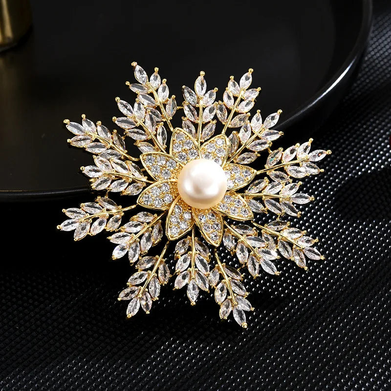 SUYU Imitation Pearl Snowflake Brooch Women Shiny Elegant Brooch Temperament Scarf Button Suit Pin