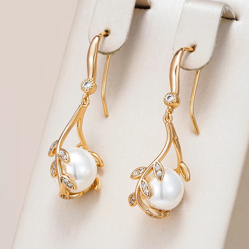 Wbmqda Unique Vine Shape Pearl Dangle Earrings For Women 585 Rose Gold Color Luxury Elegant Wedding Zircon Jewelry Accessories