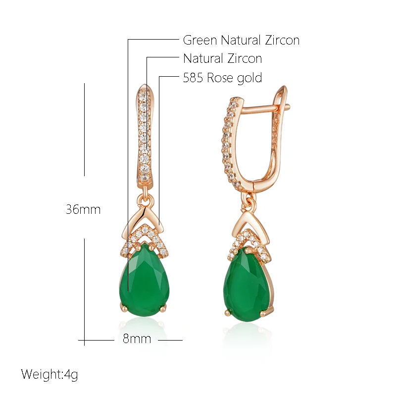 Wbmqda Luxury Elegant Emerald Drop Earrings For Women 585 Rose Gold Color Retro Green Natural Zircon Wedding Party Fine Jewelry