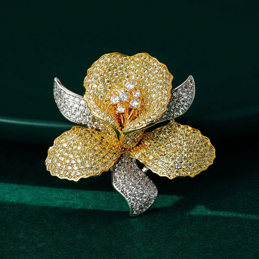 Great Fashion Copper Corsage Color Cubic Zirconia Orchid Brooch Flower Pin Suit Dress Accessories