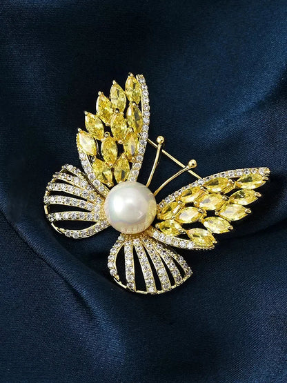 SUYU Shiny Cubic Zirconia Butterfly Brooch Design Of Advanced Women's Imitation Pearl Brooch