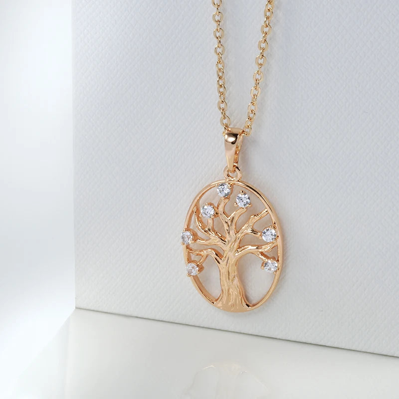 Wbmqda Fashion Oval Hollow Life Tree Pendant And Necklace For Women 585 Rose Gold Color Fine Zircon Neck Chain Jewelry Gifts