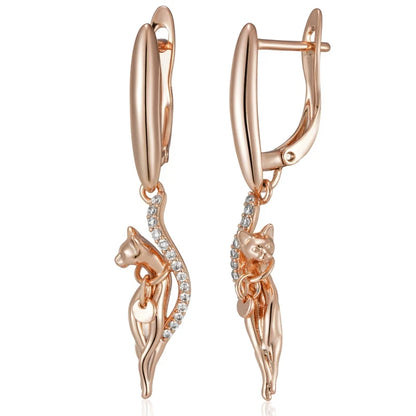 Wbmqda Unique Cat Shape Drop Earrings For Women 585 Rose Gold Color With White Natural Zircon Fashion Animal Jewelry Accessories