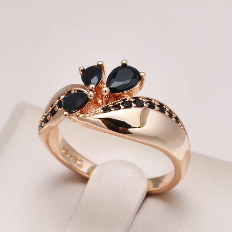 Wbmqda Luxury Elegant Black Natural Zircon Ring For Women 585 Rose Gold Color 2023 Trendy Wedding Party Crystal Flower Jewelry