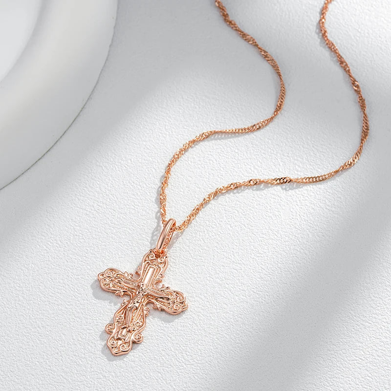 Kinel Luxury 585 Rose Gold Color Cross Pendant Necklace For Women Men Orthodox Church Jesus Glossy Charm Daily Fine Jewelry