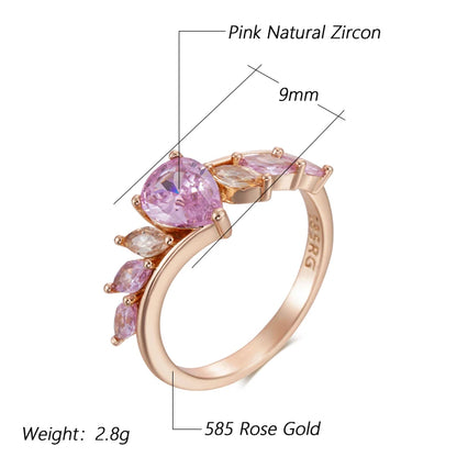 Kinel Luxury 585 Rose Gold Color Ring For Women Shiny Pink Natural Zircon Accessories Daily Fine Jewelry Best Gift