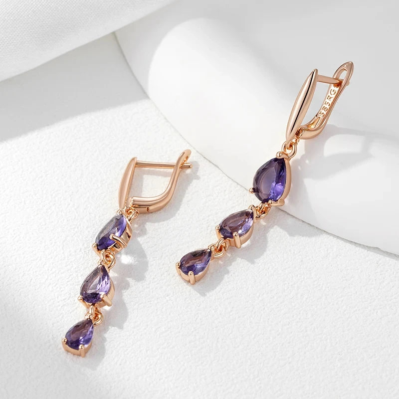 Wbmqda Shiny Purple Natural Zircon Long Dangle Earrings For Women 585 Rose Gold Color Wedding Party Fine Jewelry