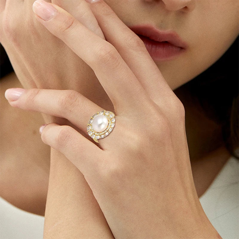 SUYU New Freshwater Imitation Pearl Zircon Open Ring With Stylish Design Light Luxury Ring For Women